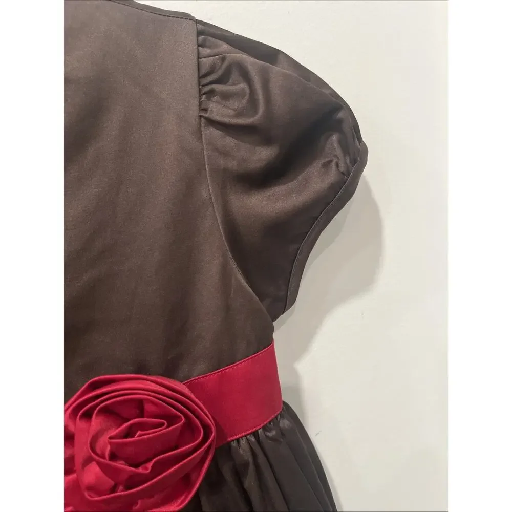 Gymboree Dress Girls Size 10 Brown‎ Satin Puff Sleeve Red Sash Flower Holiday
